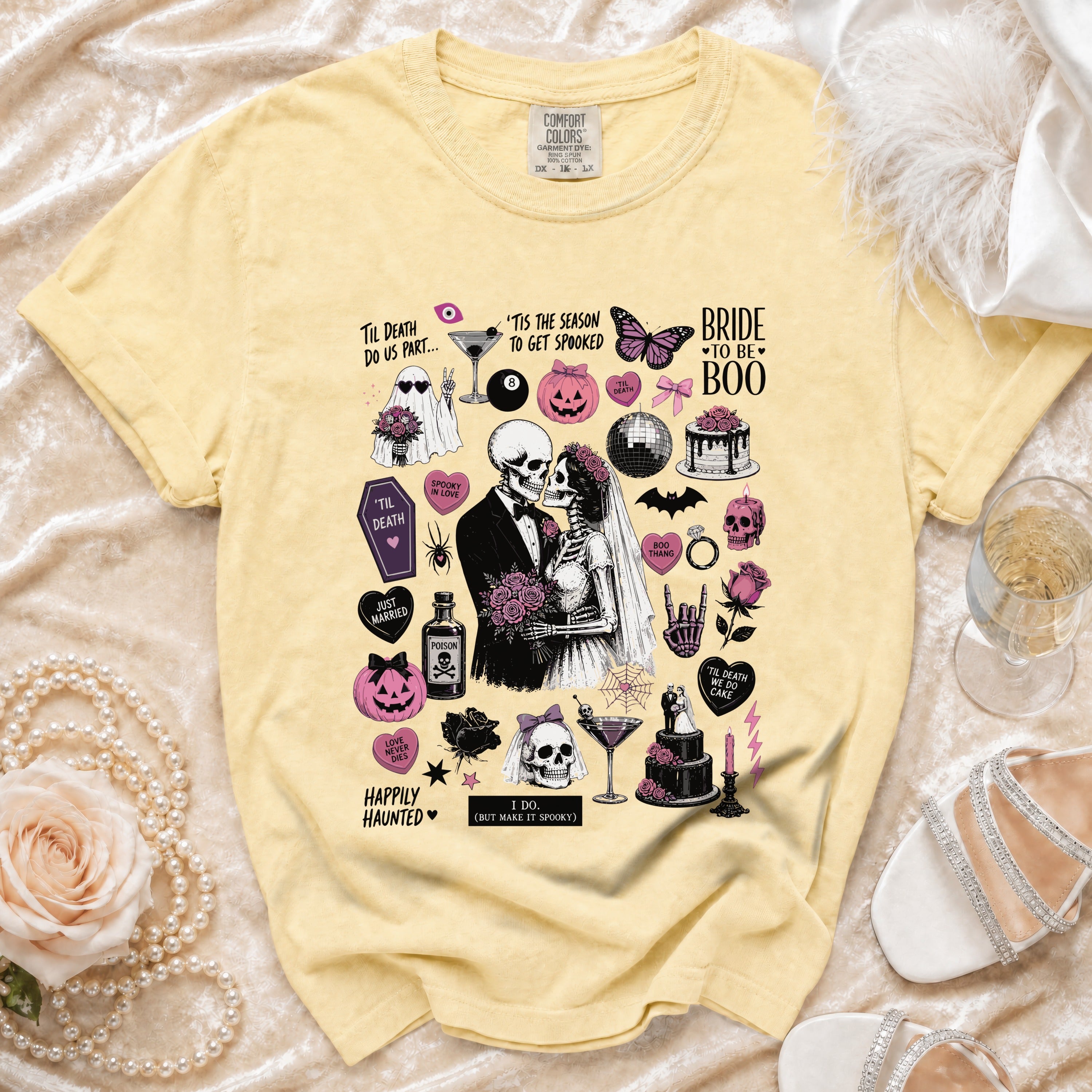 Yellow t-shirt with Halloween-themed skeleton wedding graphics and text.