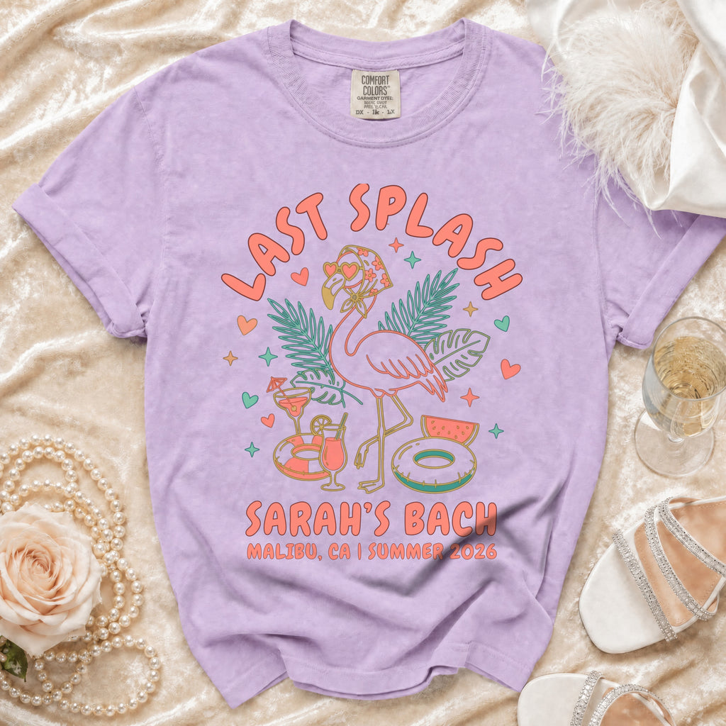 Lilac t-shirt with "Last Splash Sarah's Bach Malibu CA Summer 2026" text and graphics.