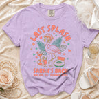 Lilac t-shirt with "Last Splash Sarah's Bach Malibu CA Summer 2026" text and graphics.