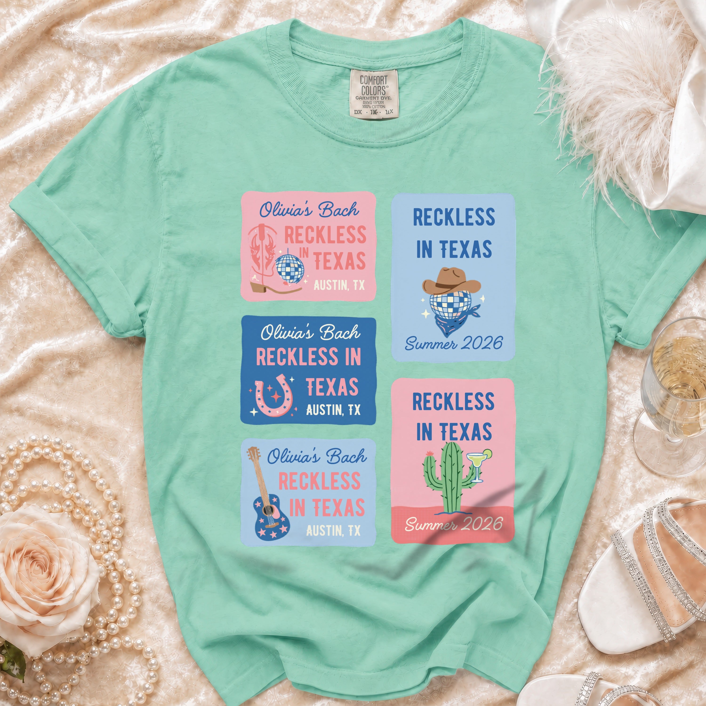Comfort Colors t-shirt with "Reckless in Texas" design and Austin, TX theme.