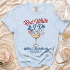 Light blue t-shirt with "Red, White & I Do" and bachelorette details.