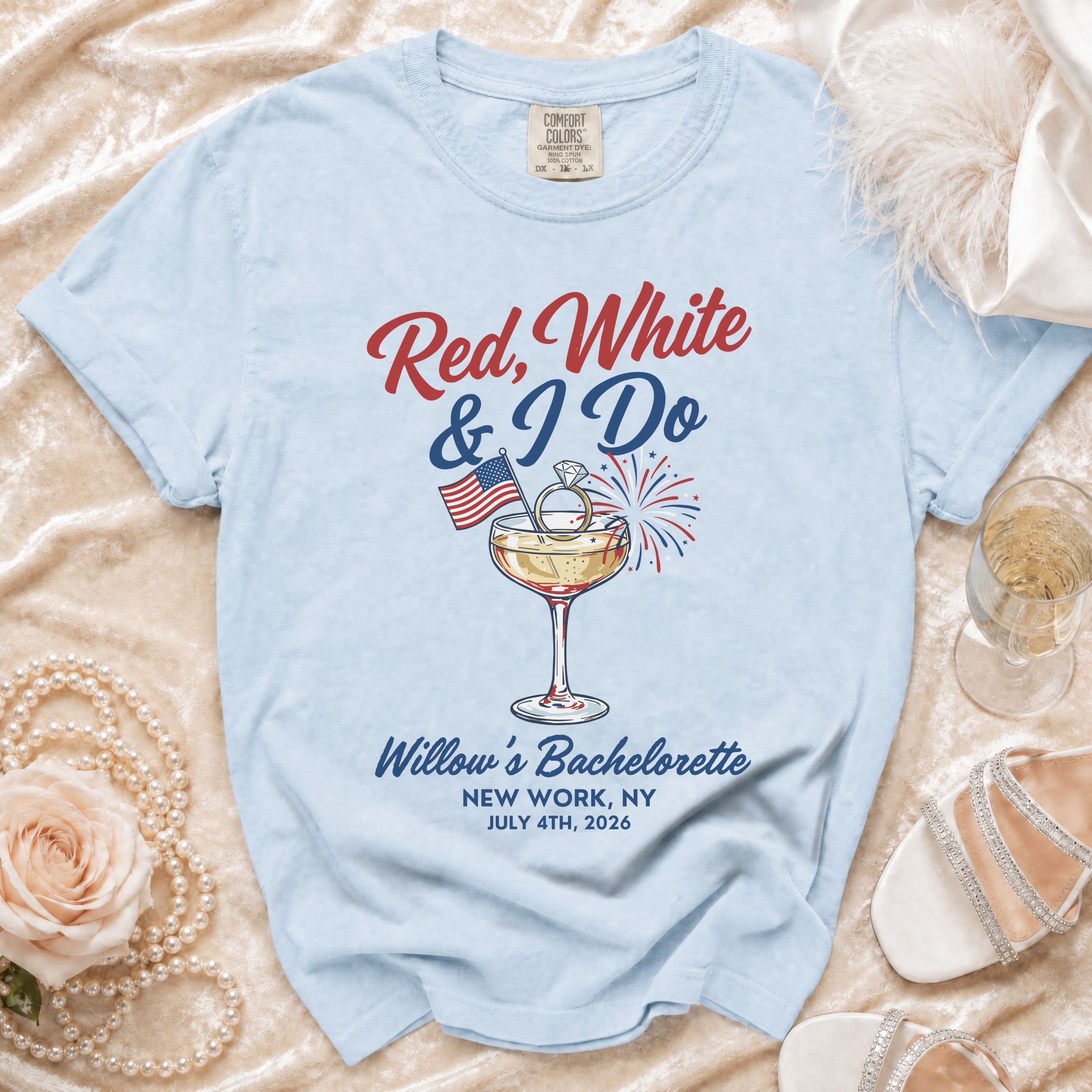 Light blue t-shirt with "Red, White & I Do" and bachelorette details.