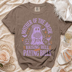 T-shirt with purple ghost bride graphic saying "Mother of the Bride Raising Hell and Paying Bills".