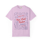 Pink t-shirt with "Her Last Rodeo Nashville, TN Summer 2026" text and western graphics.