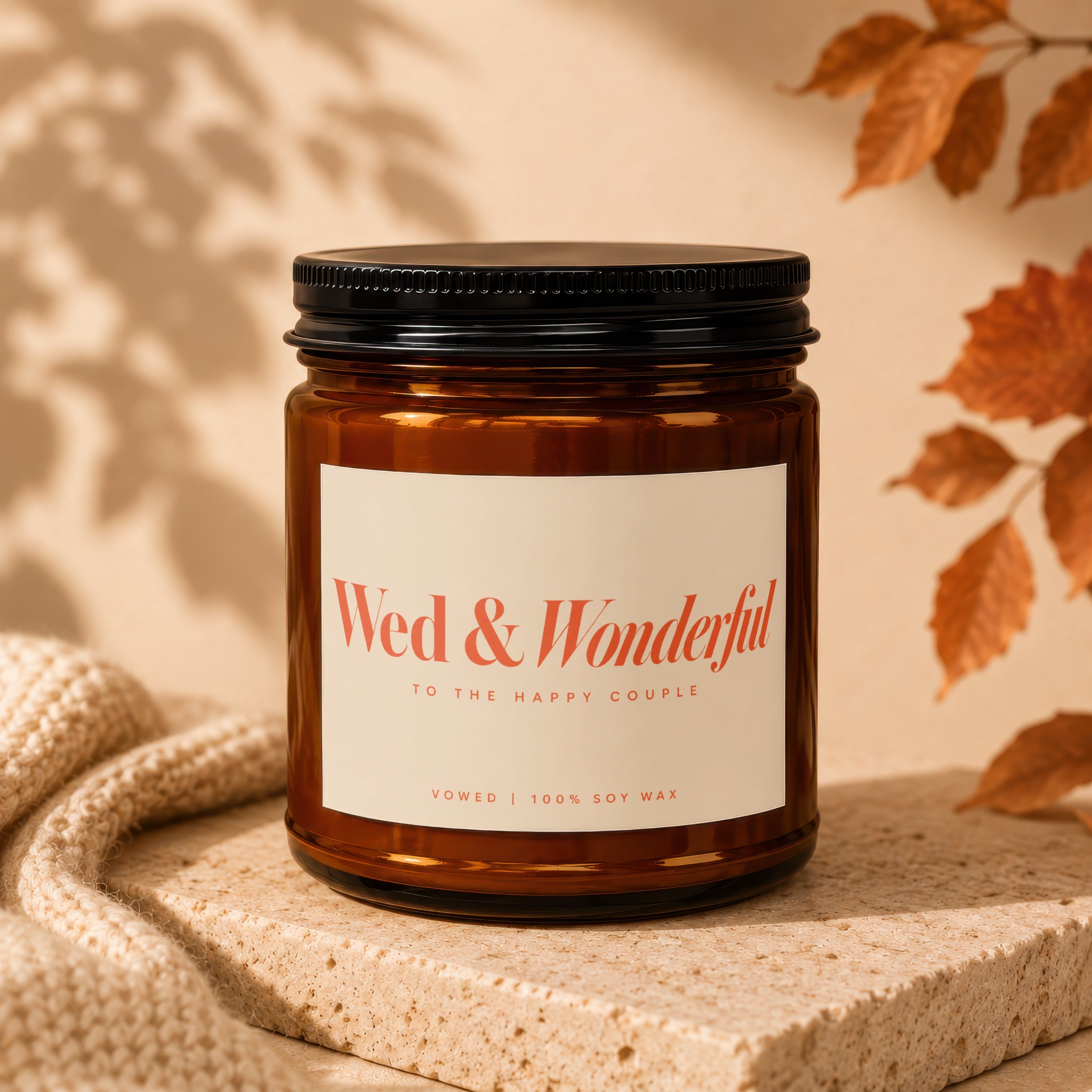 Amber jar candle with "Wed & Wonderful" label for "The Happy Couple", made with 100% soy wax.