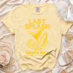 Yellow t-shirt with "Last Splash Sarah's Bach Malibu CA Summer 2026" graphic.