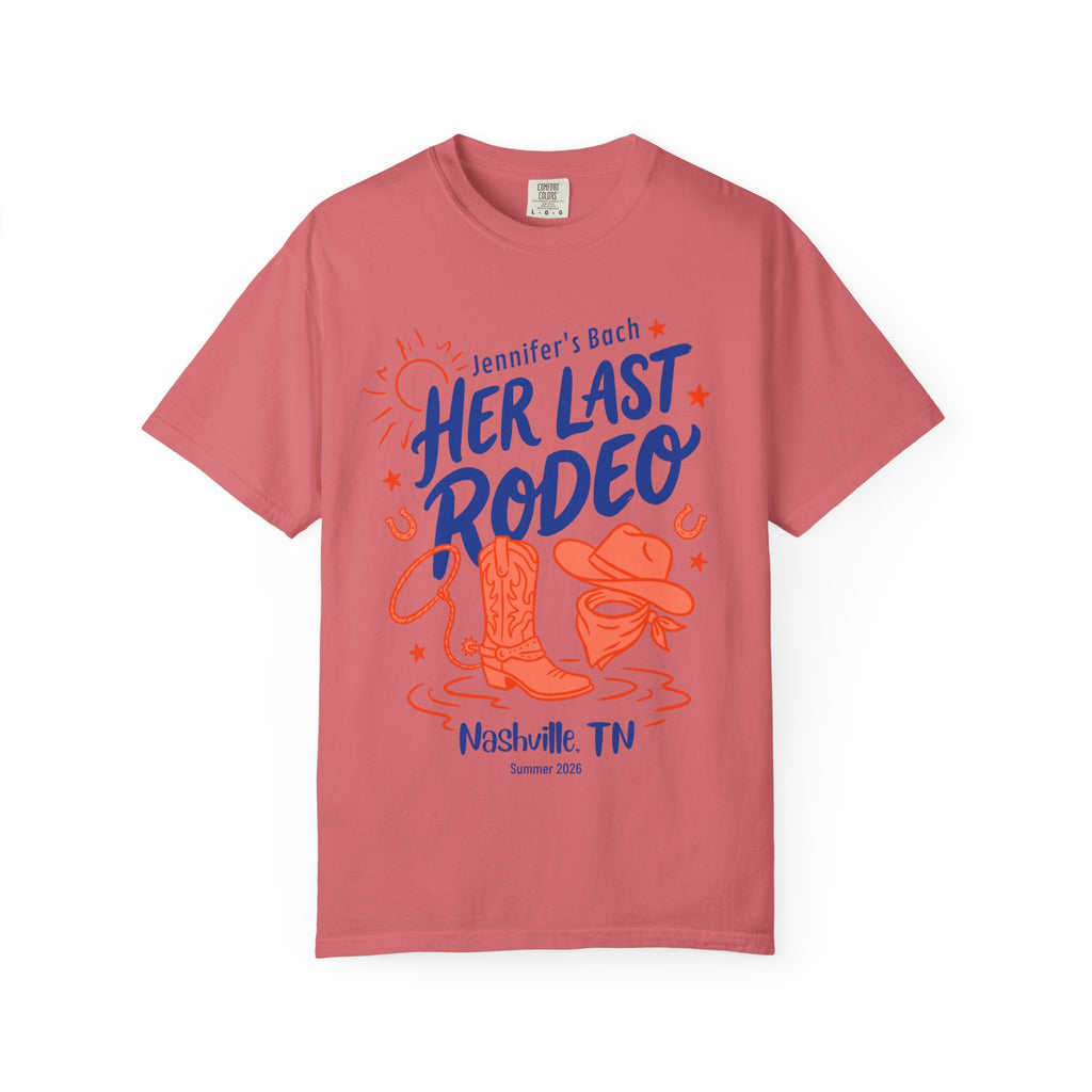 Comfort Colors t-shirt with "HER LAST RODEO" text, cowboy boot, hat, and lasso.
