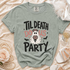 T-shirt with "Til Death Do Us Party" text featuring a ghost bride.