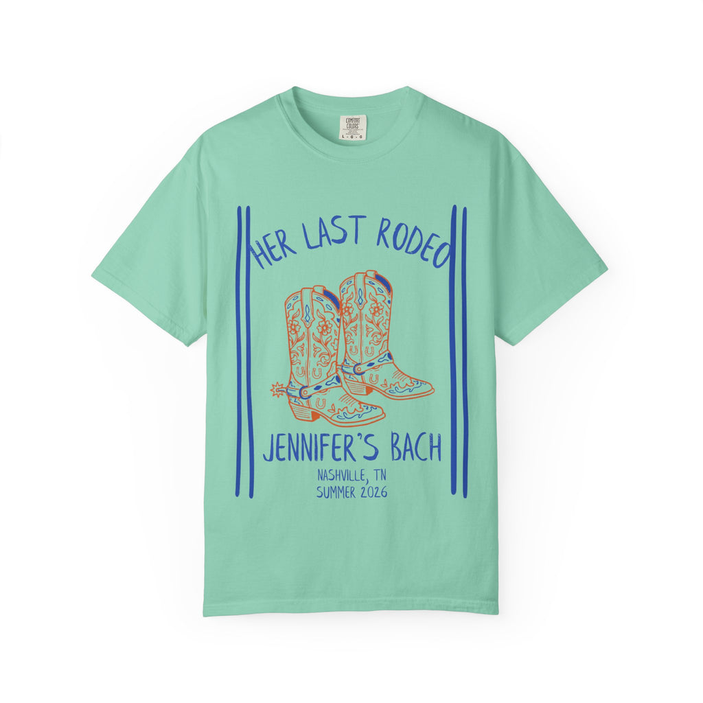 Mint t-shirt with orange cowboy boots and text "Her Last Rodeo Jennifer's Bach".