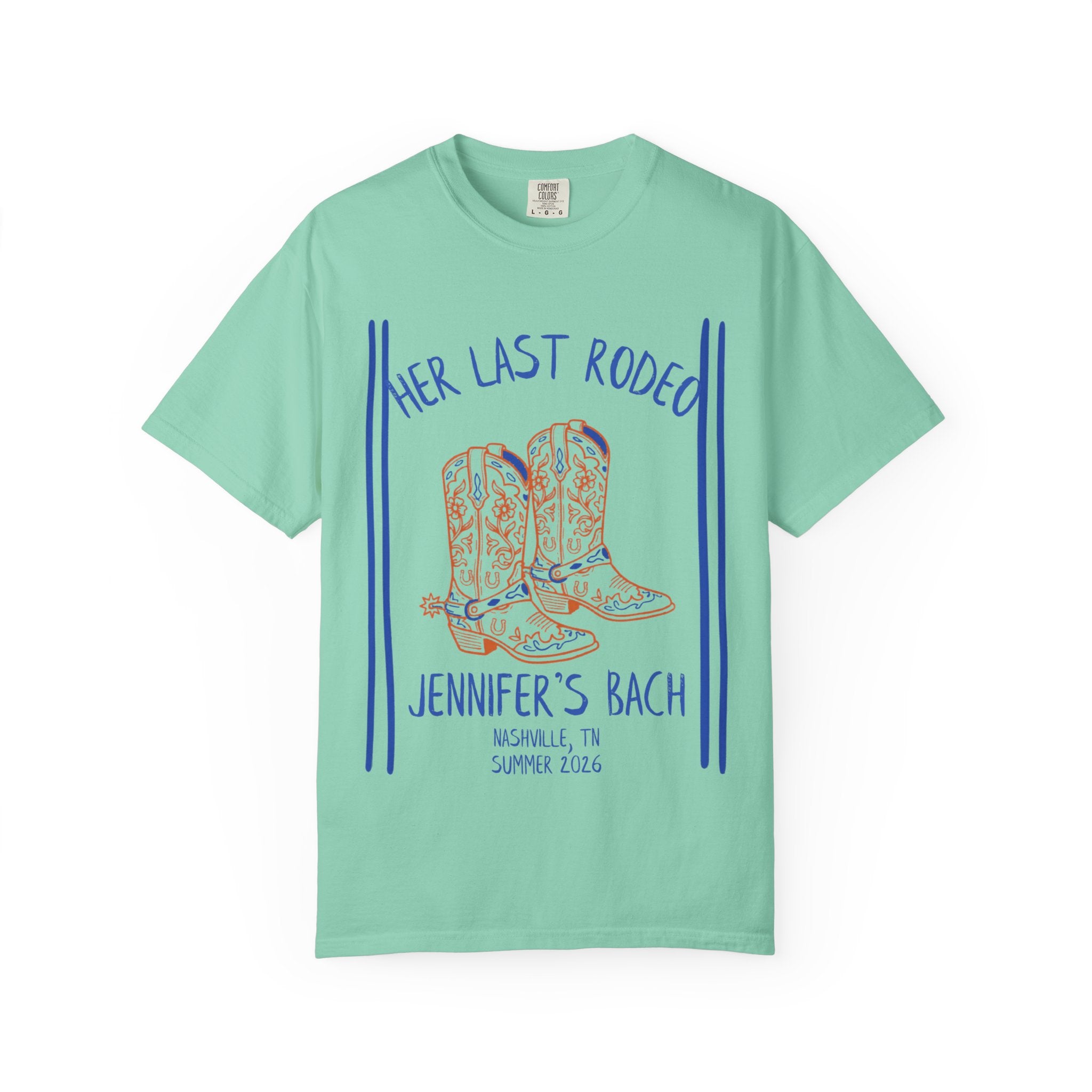 Mint t-shirt with orange cowboy boots and text "Her Last Rodeo Jennifer's Bach".