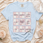 Light blue t-shirt with "Happy Haunted Ever After I Do Boo Crew 'Til Death & Beyond" text.