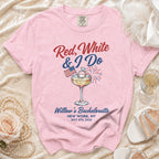Pink t-shirt with "Red, White & I Do Willow's Bachelorette" graphic.