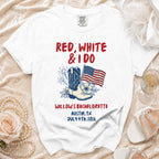 White t-shirt with "RED, WHITE & I DO" text and patriotic graphics.