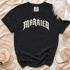 Black t-shirt with white "MARRIED" text, Comfort Colors tag visible.