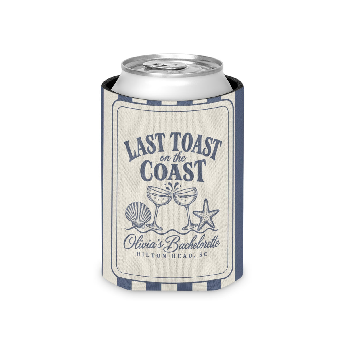 Last Toast On The Coast striped can cooler, Regular, Blue Jean stripes