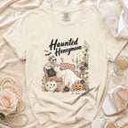 T-shirt with "Haunted Honeymoon" design featuring a skeleton bride and pumpkins.