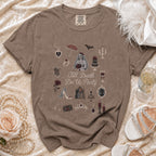 Brown t-shirt with cross-stitch designs and "Till Death Do Us Party" text.
