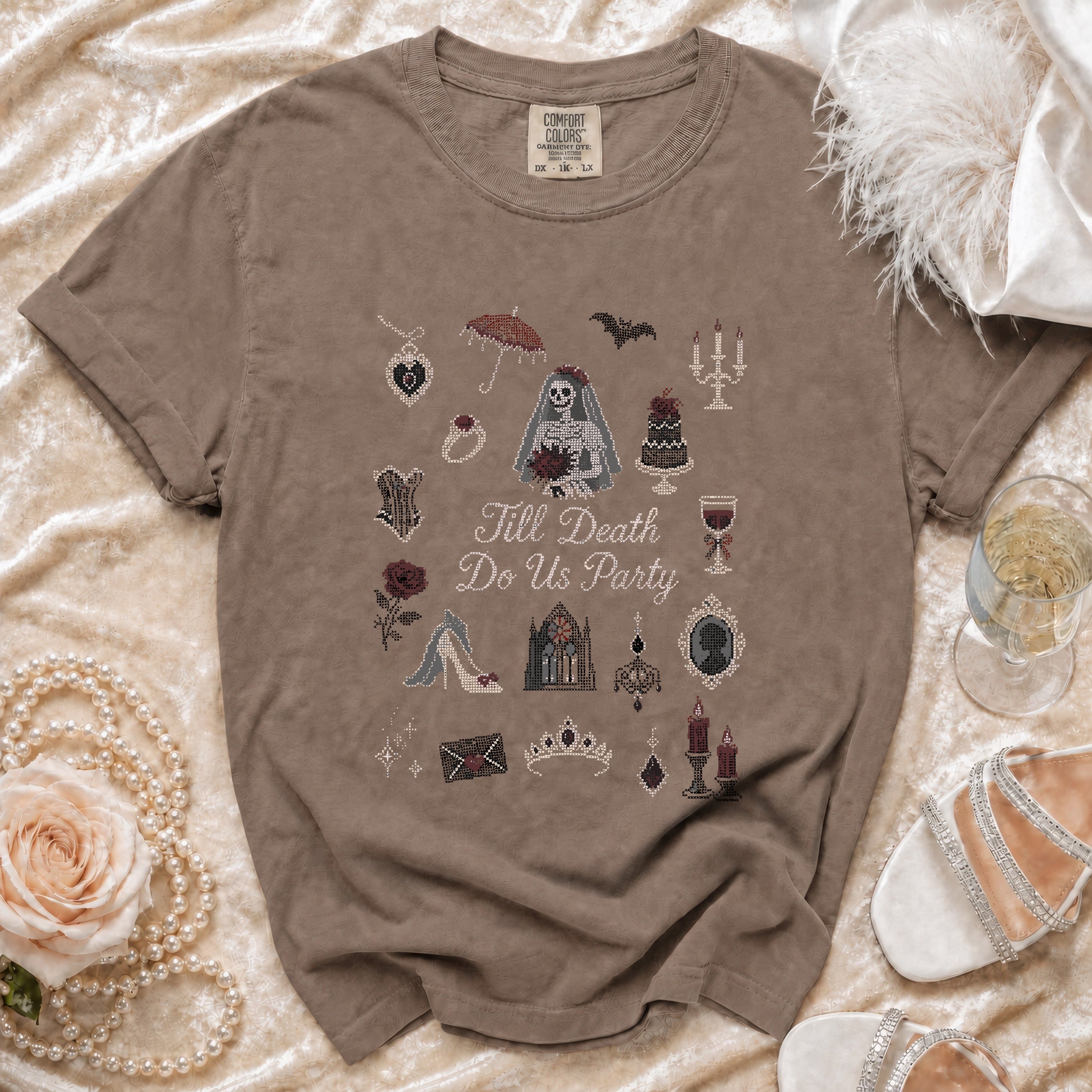 Brown t-shirt with cross-stitch designs and "Till Death Do Us Party" text.