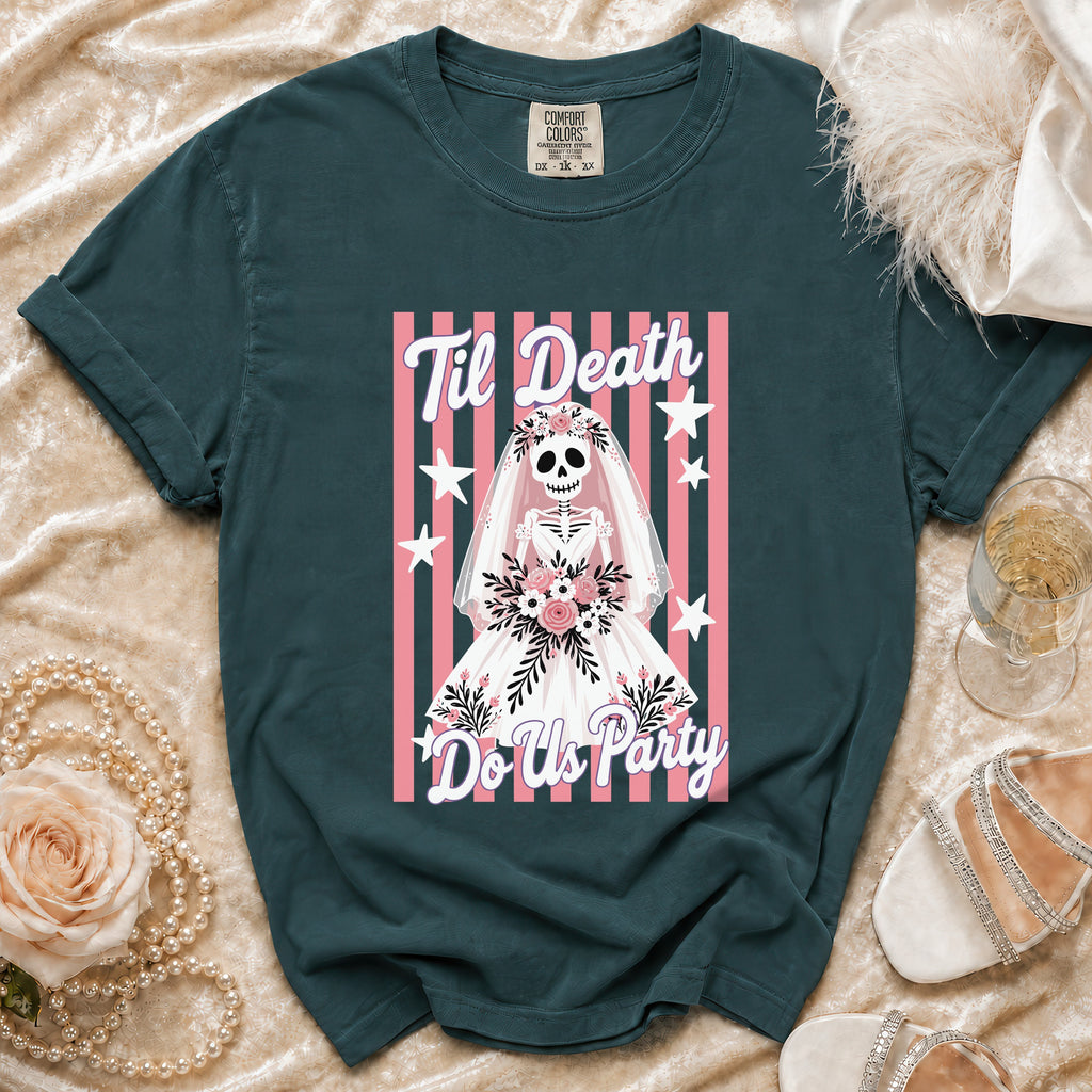 T-shirt with skeleton bride graphic saying "Til Death Do Us Party"