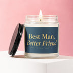 Glass candle with lit wick and dark lid, featuring text "Best Man, Better Friend Vowed | Hand Poured | Made with Love."