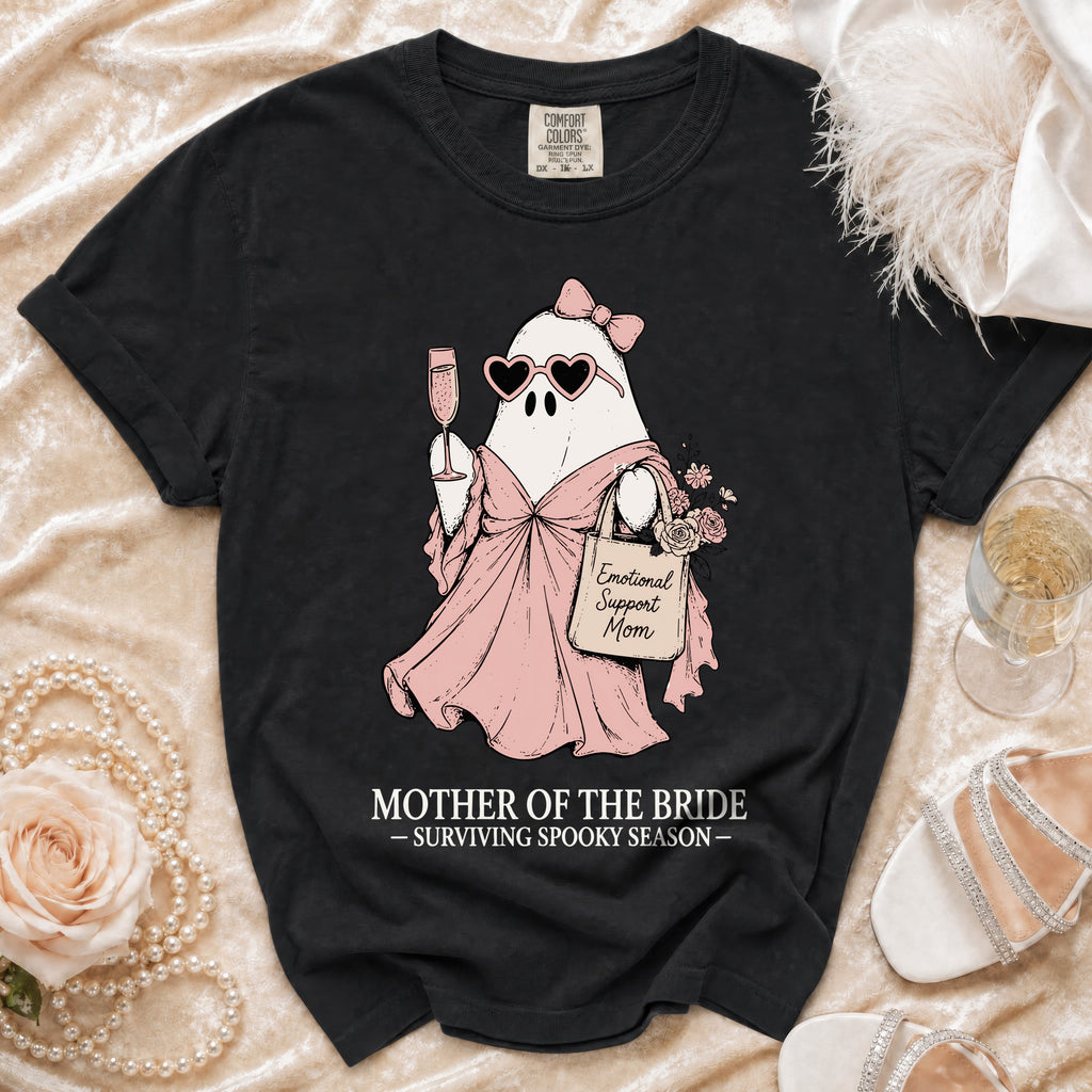 Black t-shirt graphic of a ghost with "Emotional Support Mom" and "Mother of the Bride" text.