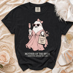 Black t-shirt graphic of a ghost with "Emotional Support Mom" and "Mother of the Bride" text.