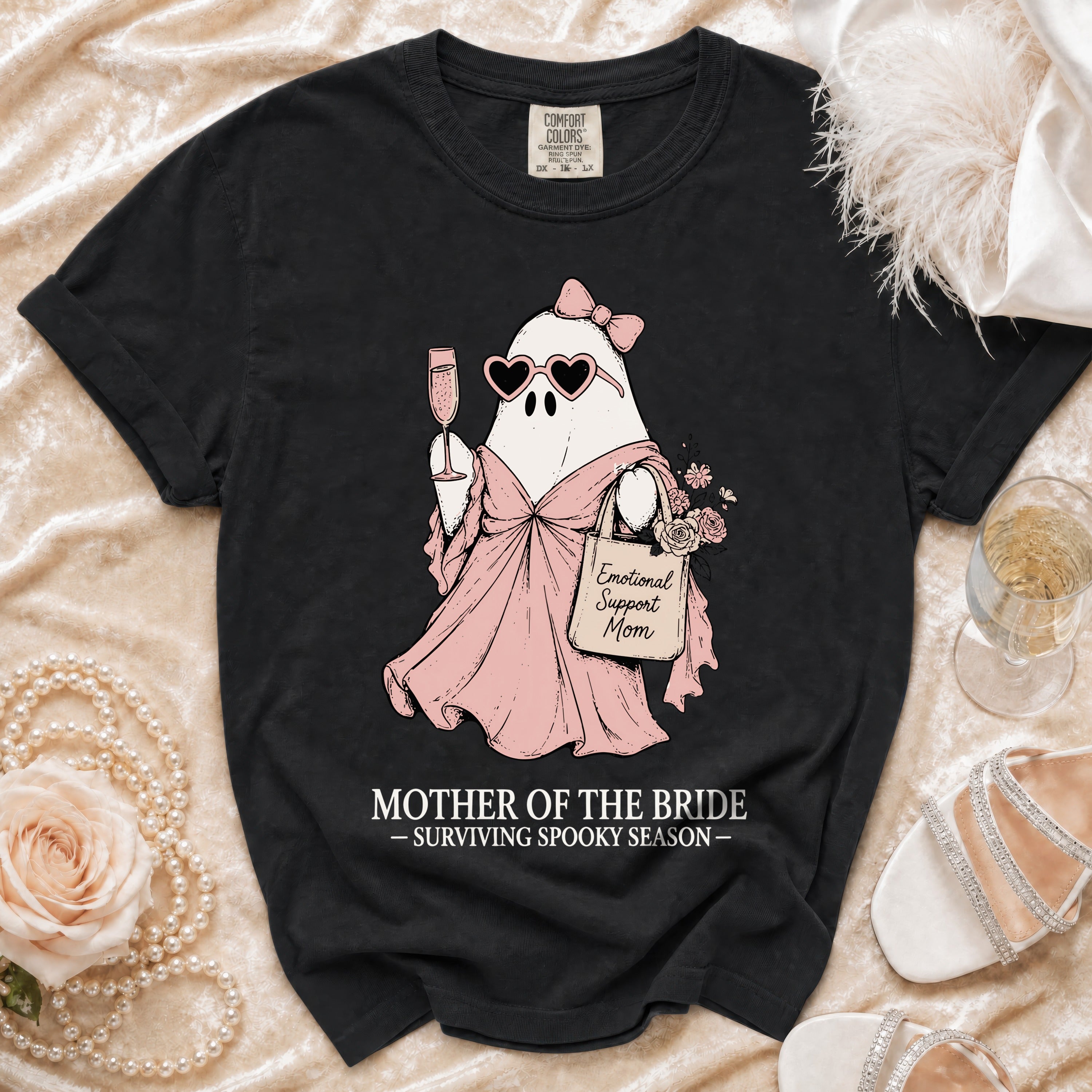Black t-shirt graphic of a ghost with "Emotional Support Mom" and "Mother of the Bride" text.