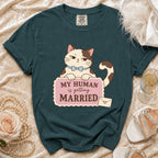 Teal t-shirt with a cartoon cat graphic saying "MY HUMAN is getting MARRIED".