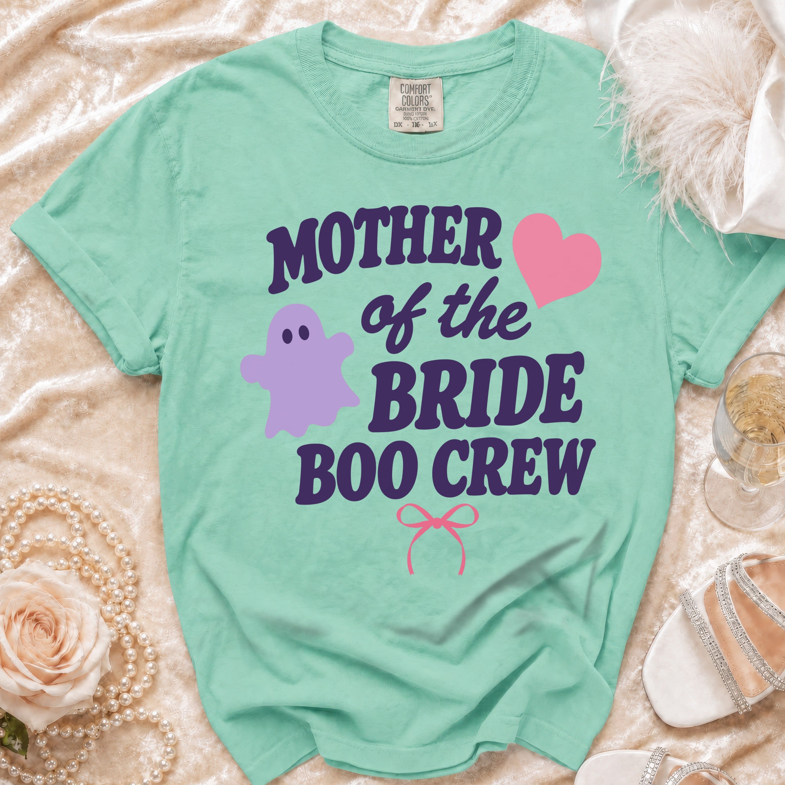 Mint green t-shirt with "Mother of the Bride Boo Crew" text, ghost, and heart.
