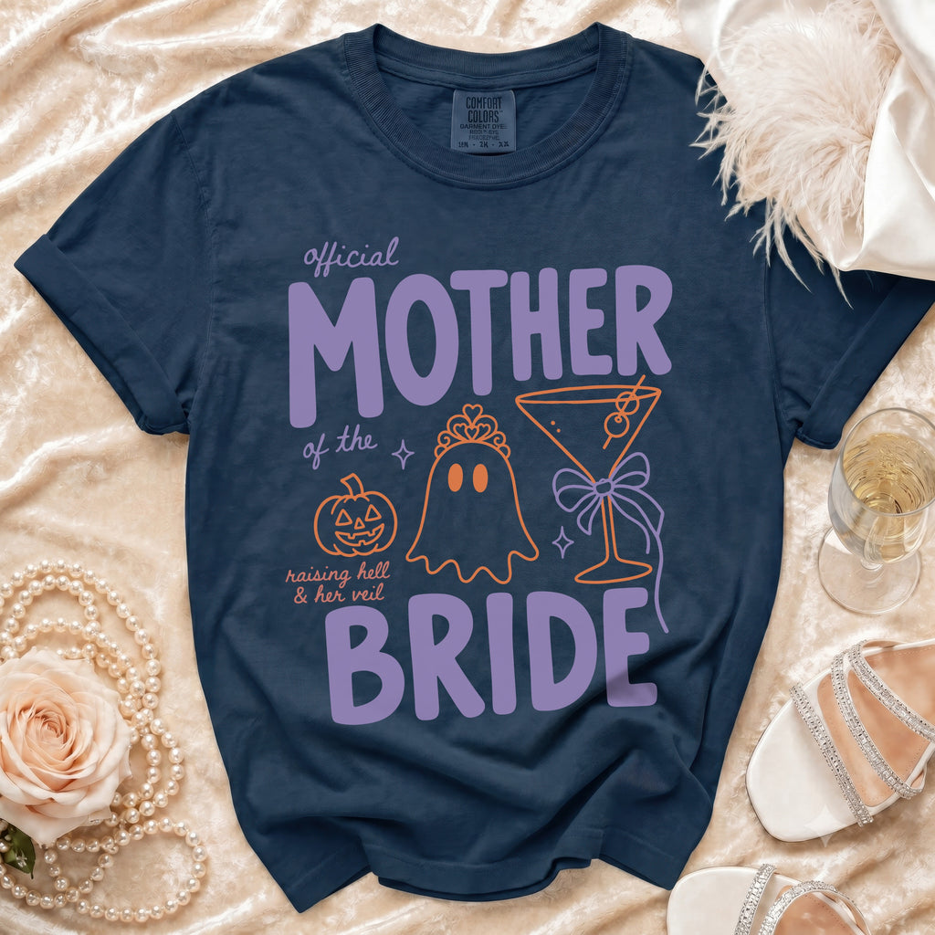 Navy Comfort Colors shirt with "Official Mother of the Bride" text and Halloween graphics.