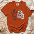 Orange t-shirt with a graphic of a pumpkin bride and text 'Til Death Do Us Part'.