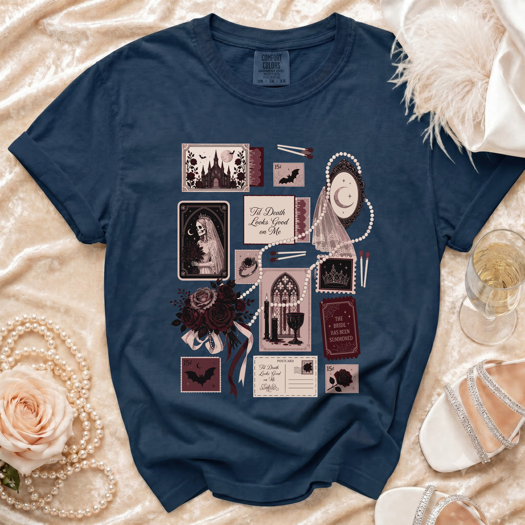 Navy t-shirt with Gothic wedding-themed graphic featuring skeleton bride, castle, and text.