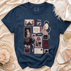 Navy t-shirt with Gothic wedding-themed graphic featuring skeleton bride, castle, and text.