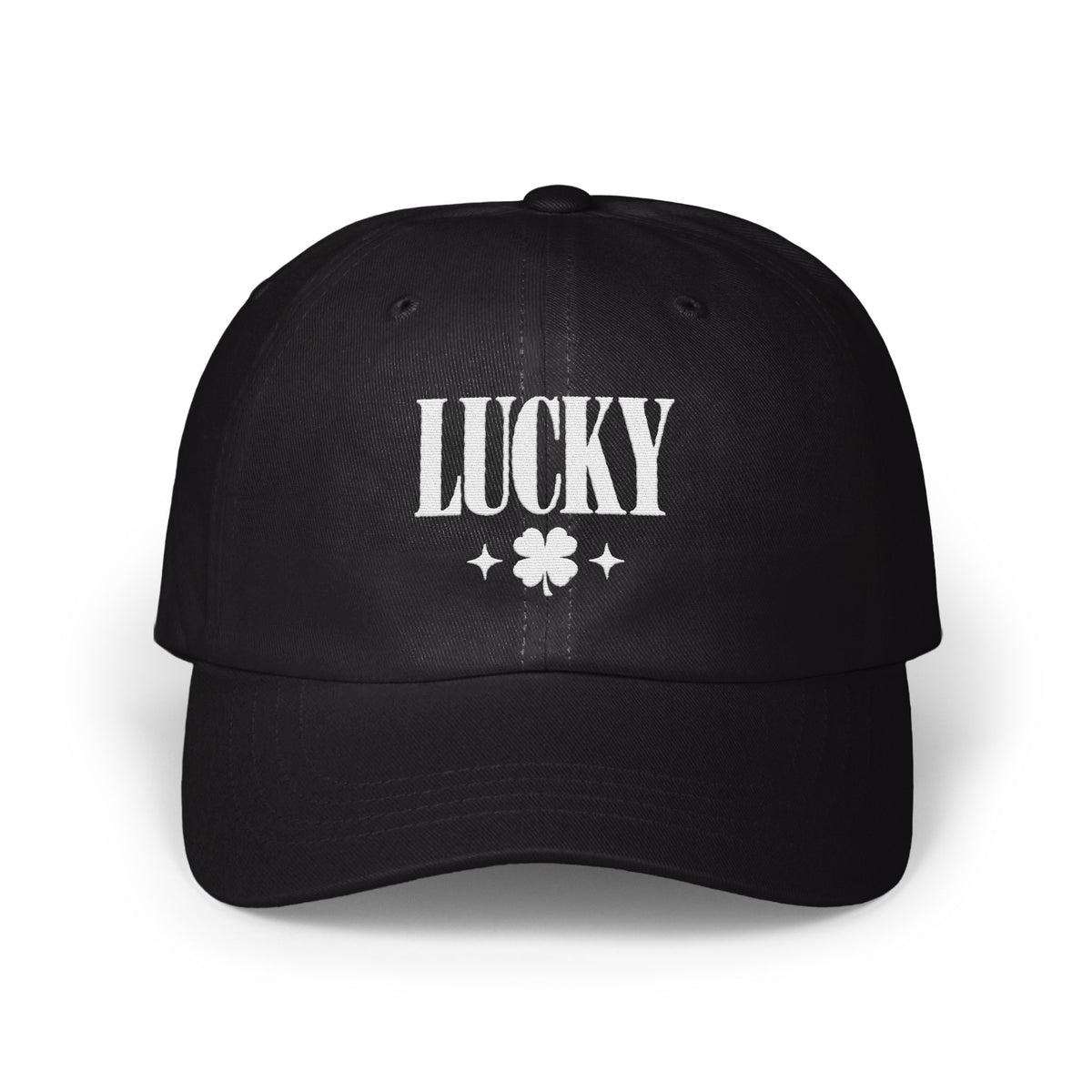 Black baseball cap with white embroidered text reading "LUCKY" above a four-leaf clover and two small stars.
