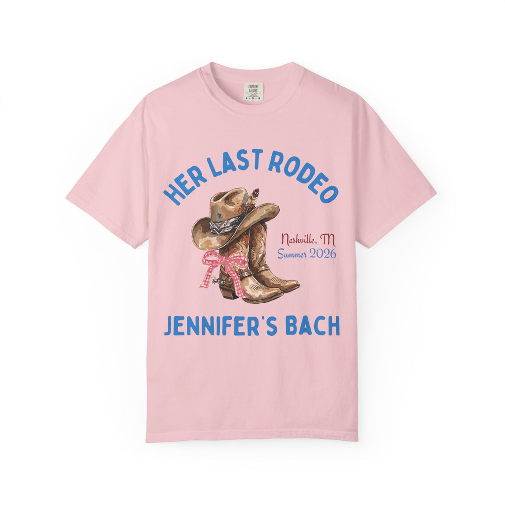 Pink t-shirt with "HER LAST RODEO" and cowboy boots graphic.