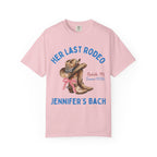 Pink t-shirt with "HER LAST RODEO" and cowboy boots graphic.