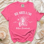 Pink t-shirt with "Red, White & I Do" and Statue of Liberty design.