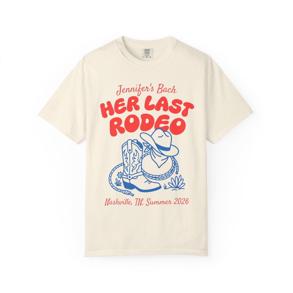 Cream t-shirt with "Jennifer's Bach HER LAST RODEO" and cowboy boot graphic.