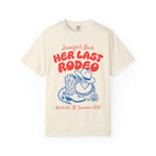 Cream t-shirt with "Jennifer's Bach HER LAST RODEO" and cowboy boot graphic.