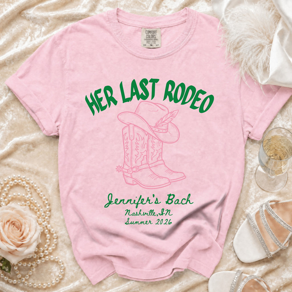 Pink t-shirt with "Her Last Rodeo" and cowboy boots graphic, Nashville, IN Summer 2026.