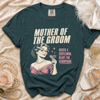 Mother of the Groom t-shirt with vintage woman holding champagne and text.