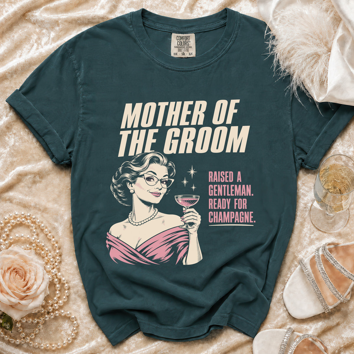 Mother of the Groom t-shirt with vintage woman holding champagne and text.