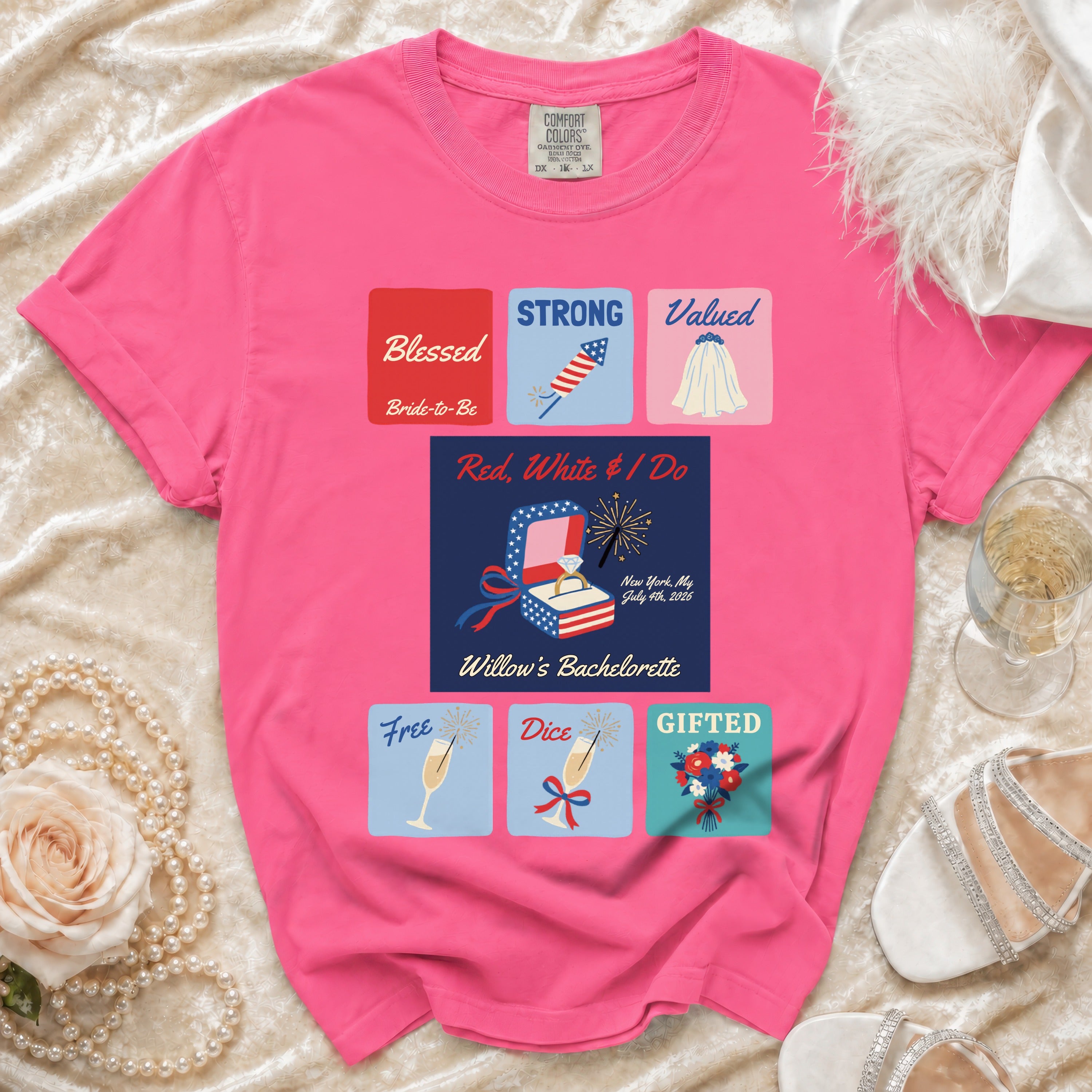 Pink t-shirt with "Blessed Bride-to-Be," "Strong," "Valued," and "Gifted" text.