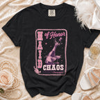 Black t-shirt with "Maid of Honor Chaos I'm Just Here for Champagne" text.
