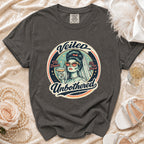 Dark gray t-shirt with "Veiled" and "Unbothered" design of a bride.