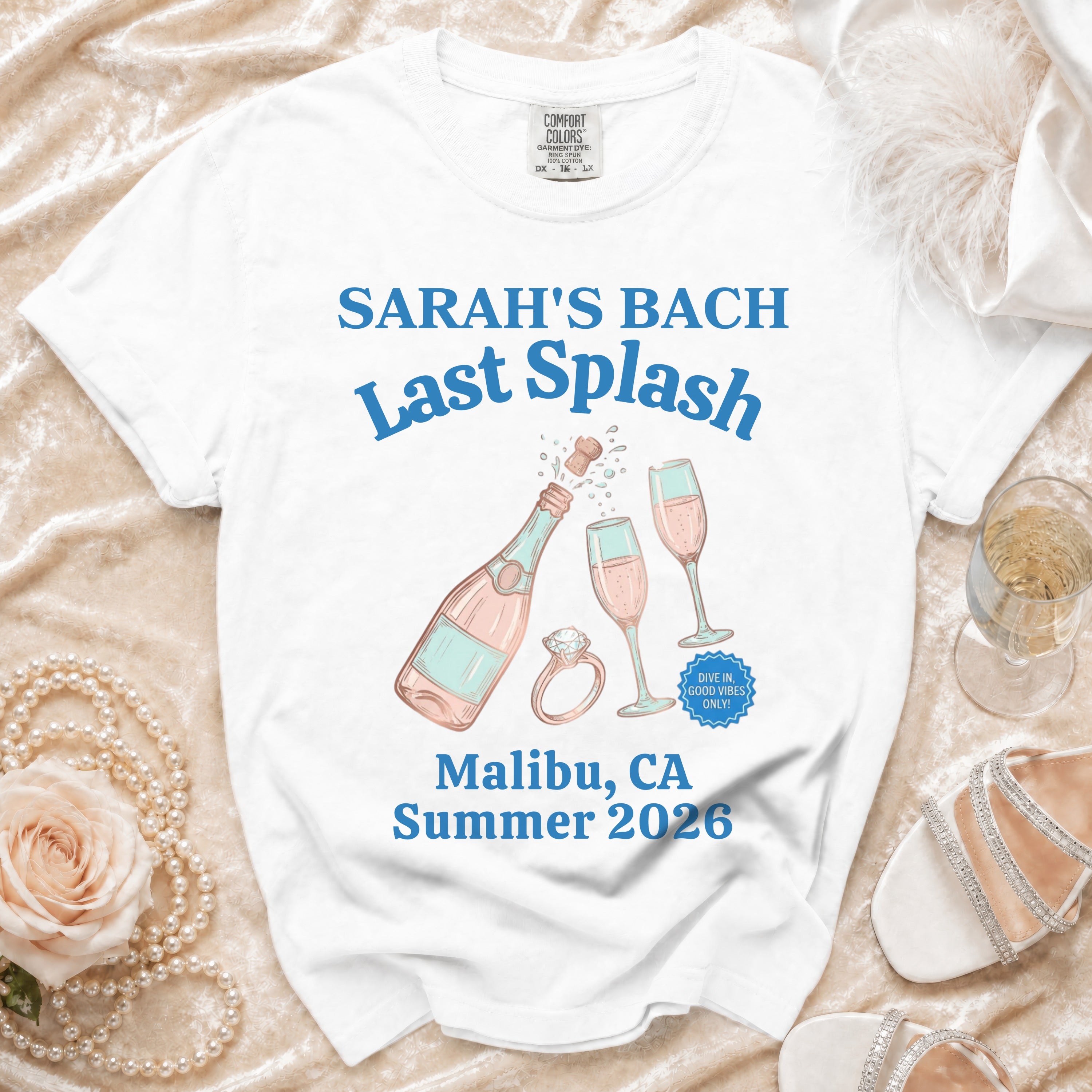 Sarah's Bach Last Splash t-shirt with champagne, rings, and text.