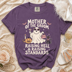 Purple t-shirt with "Mother of the Groom Raising Hell & Raising Standards" text and graphic.