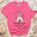 Pink t-shirt with "Red, White & I Do" bachelorette design and American flags.