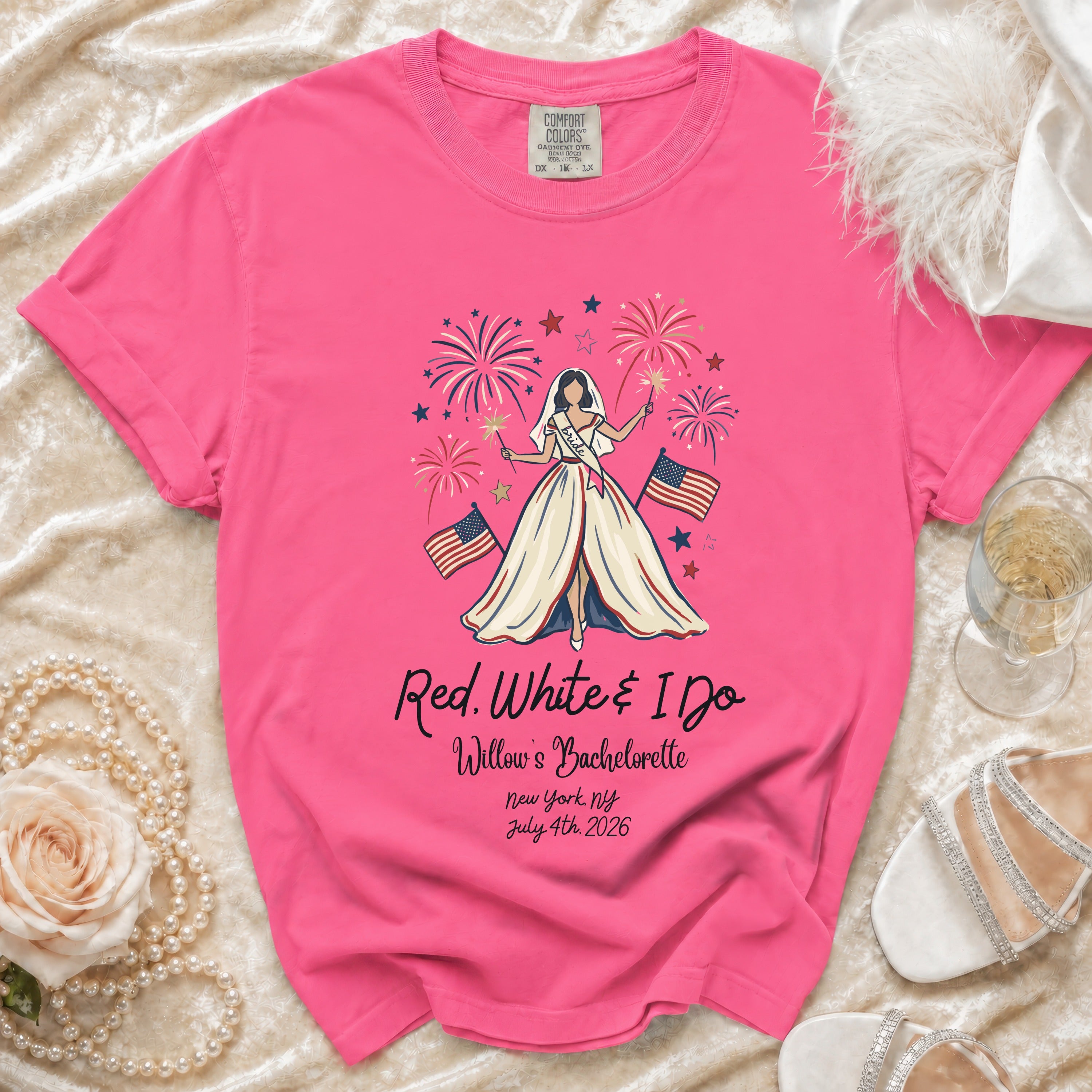 Pink t-shirt with "Red, White & I Do" bachelorette design and American flags.