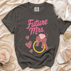 Dark grey t-shirt with pink "Future Mrs." text and engagement ring design.